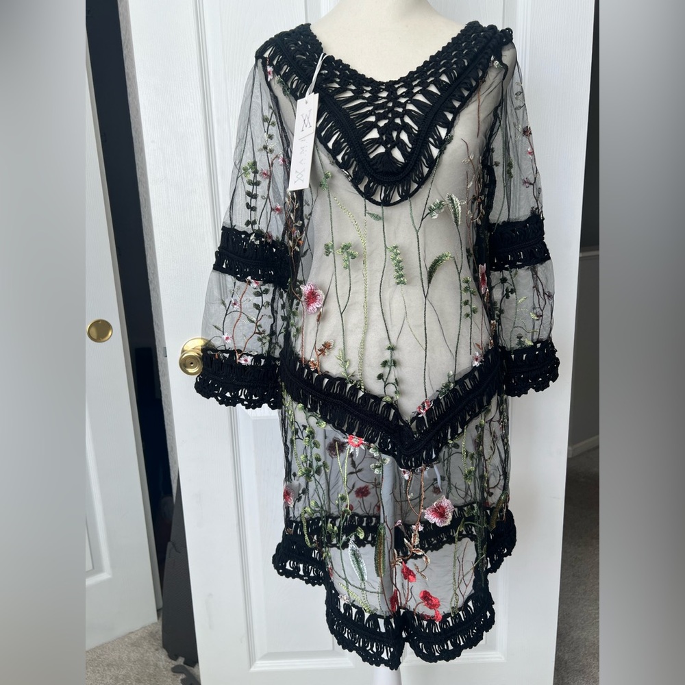 Floral Embroidered Black Sheer Swim Coverup